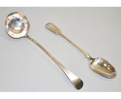 Victorian sterling silver basting spoon fiddle back with a crest, hallmarked London 1840, maker WE - William Eaton, 32cm long