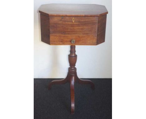 Early 19th century elevated sewing box with hinged lift lid and a drawer supported by a tripod pedestal base, 52cm wide, 36cm