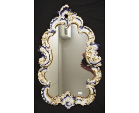 Vintage blue &amp; white Continental ceramic mirror border of cobalt blue &amp; and white applied blossom decoration, (small 