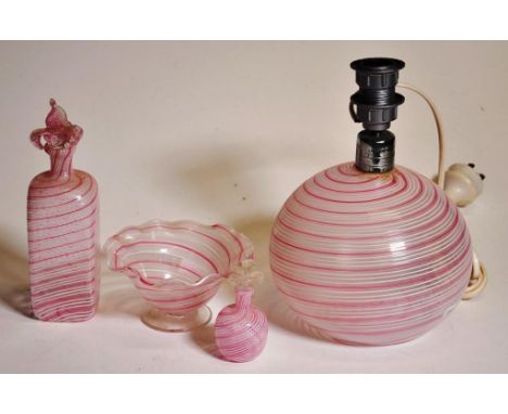 Two Venetian pink &amp; white latticino glass scent bottles and a matching lamp &amp; bowl, lamp 22cm high approx.