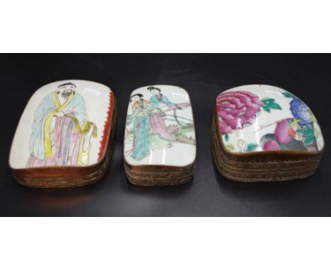 Three Chinese ceramic inset copper boxes each with hand painted ceramic decoration to lid, on silver plated copper box, (heig