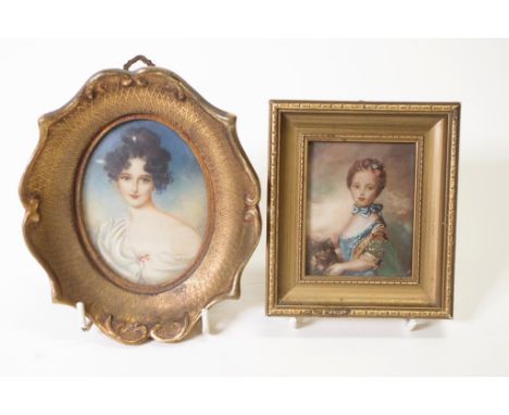 Two framed portrait miniatures each a portrait of Woman in Formal Dress, in a gilt frame, (8cm X 6cm approx; and 6.5cm X 5cm 