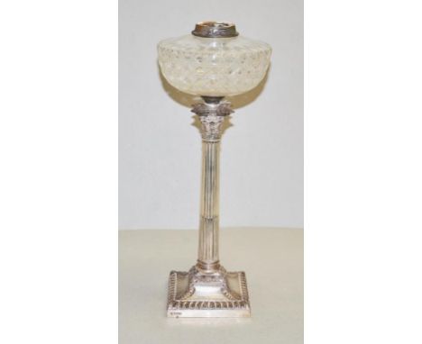 Edwardian sterling silver &amp; glass oil lamp in the form of a Corinthian column, hallmarked Sheffield 1906, 44cm high, load