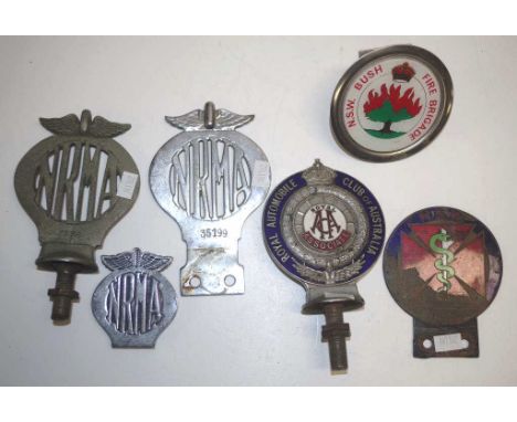Six vintage Australian car badges comprising of Royal Automobile Club of Australia (15.5cm high), a NSW doctor's car badge (1