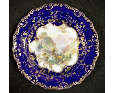 Victorian Royal Worcester display plate hand painted Valley scene to centre, cobalt blue gilt decorated border, marked to bas