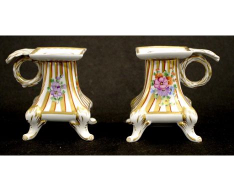 Vintage pair Dresden ceramic candle holders hand painted and gilt decoration, each with gilt decorated handle, ( 1 handle res