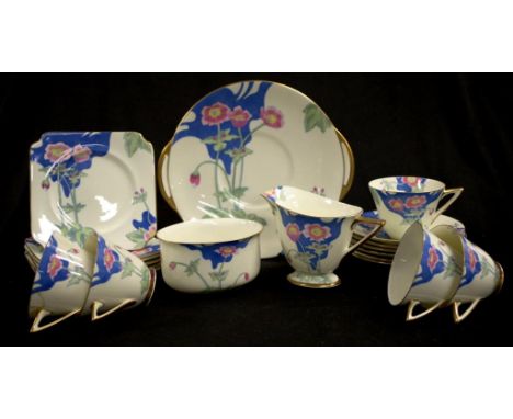 Art Deco Royal Doulton part teaset to include Cake Plate, cream, sugar, six side plates, six saucers and five cups. Damage to
