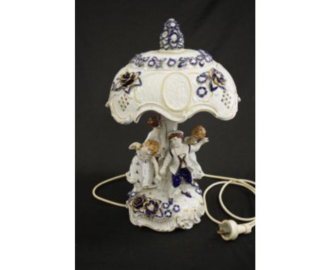 Good German decorative porcelain table lamp blue and white ceramic base with standing figures to column, and applied decorati