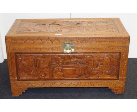 Chinese (Hong Kong) carved camphorwood trunk 104cm x 53cm, 58cm high approx