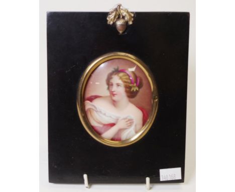 Good antique framed portrait miniature portrait of a Woman, on ceramic, in ebonised frame, with brass inset border (small den