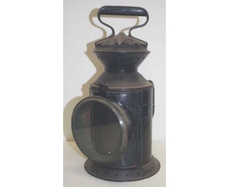 Antique railway guard's oil lamp with revolving coloured lenses (one cracked), 33cm high approx