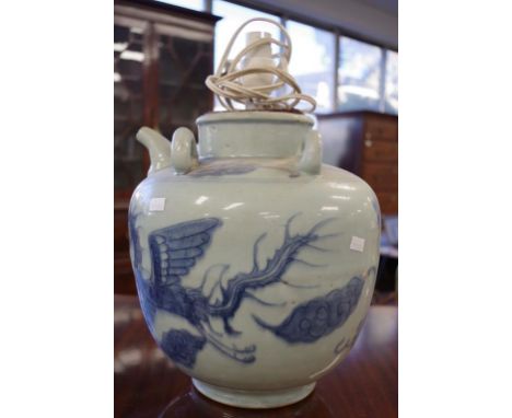 Antique Chinese blue and white electric lamp base decorated with a mythical beast, height 37.5cm approx