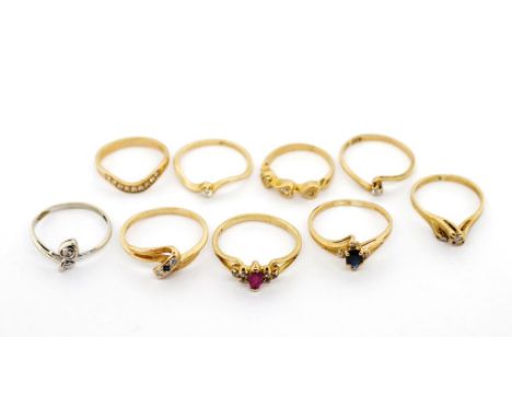 Nine diamond and gemstone set 9ct gold rings also includes sapphire and ruby examples approx weight 12.94 grams