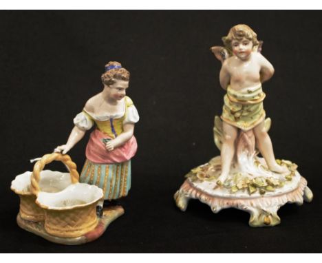 Two vintage Continental ceramic figures including Standing Woman with Cats in a Basket, marked to base, (height 13cm approx);