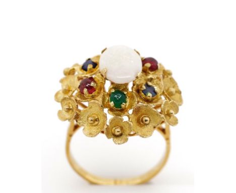 Opal and multi gemstone set 14ct  yellow gold ring , a flower form decorated ring set with emerald, rubies and sapphires mark