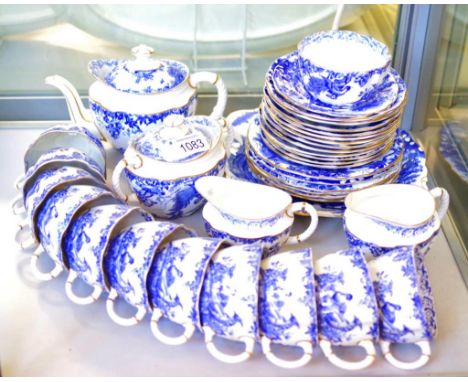 Thirty six piece Royal Crown Derby tea set Blue Aves pattern, including 12 each cups &amp; saucers, 6 side plates, 1 tea plat