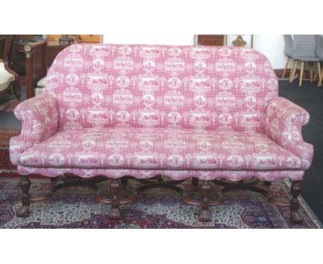 Good vintage 3 seater sofa with architectural theme upholstery, 188cm wide, 102cm high approx