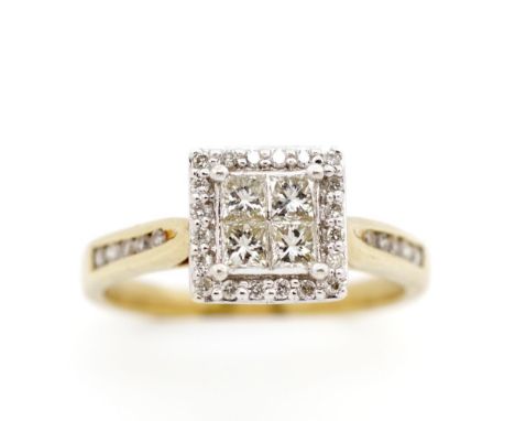 Princess cut diamond and 9ct yellow gold ring set with four princess cut diamond center stones, round cut diamond halo and ch