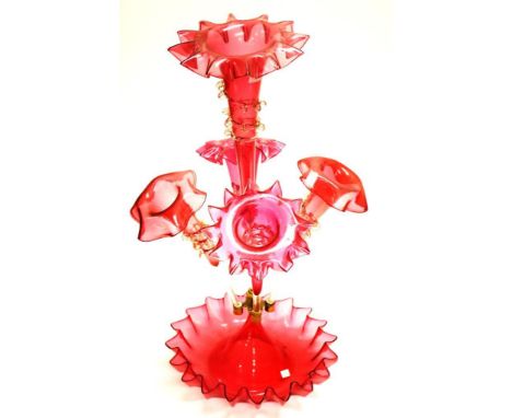 Victorian ruby glass epergne centrepiece with five branch trumpets, 59cm approx (as inspected)