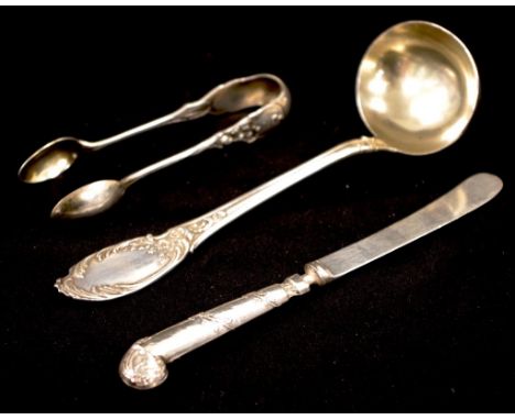 Continental silver ladle &amp; tongs both marked 800, total 106g approx., &amp; an Victorian sterling silver handled butter k