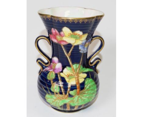 Vintage Crown Devon floral decorated table vase floral decorated on cobalt blue ground, dual handles, marked to base and # 47