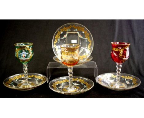 Part set Italian hand painted wine glasses including 3 hand painted glasses with gilt decoration, together with 5 matching un