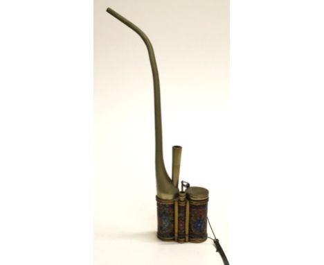 Chinese white brass cloisonne decorated opium pipe blossom cloisonne decorated, (height 33cm approx).