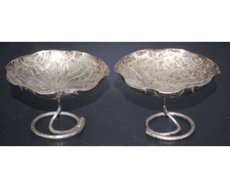 Pair of Chinese silver pedestal dishes with maker's mark stamped to bases, 9.5cm wide, 6cm high approx, 111.5 grams