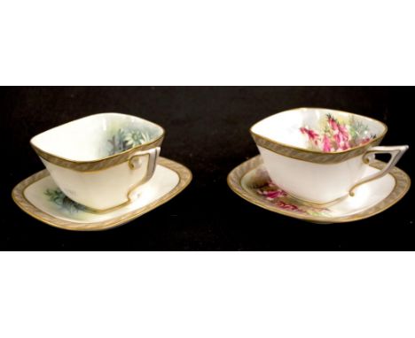 Two Royal Worcester Australian wildflower cups and saucers. One hand painted with Heath, the other with flannel flowers. Reta