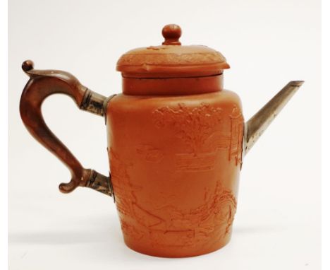 Rare Qianlong Chinese red stoneware teapot C:1750, with Georgian silver spout and timber handle, carved decoration of pagoda 