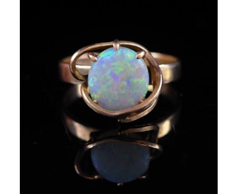 Opal set 9ct yellow gold ring marked 9ct. Approx weight 2.5 grams weight, ring size N. Some surface scratches can be seen to 