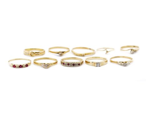 Ten Diamond and gemstone set 9ct gold rings includes two ruby examples Approx 14.3 grams