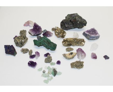 Box of various rock specimens to include amethyst, Pyrite, lapis and malachite