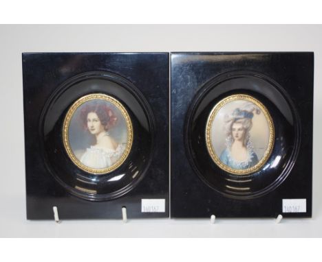 Two antique framed portrait miniatures each a portrait of a Woman, signed SILVIA, in matching ebonised frames with brass inse