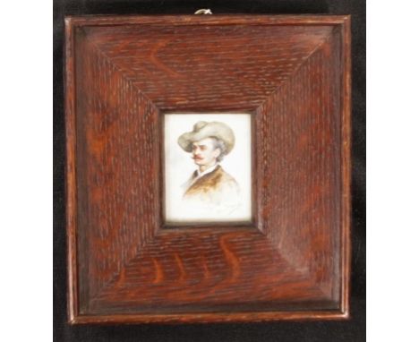 Vintage framed portrait miniature Portrait of Gentleman in large brim hat, signed illegible lower right, in vintage oak frame