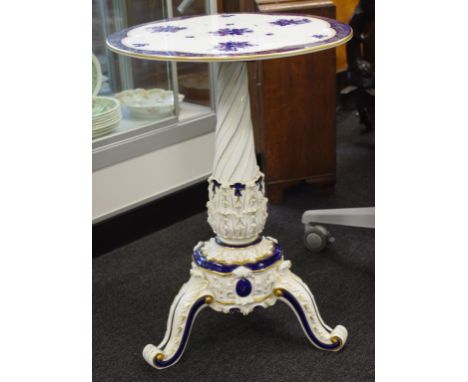 Good vintage German ceramic occasional table blue and white floral decorated ceramic table, decorative column,with gilt highl