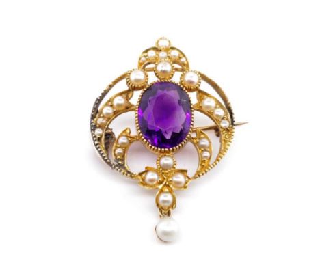 Antique amethyst, seed pearl and gold pendant brooch marked 15ct in yellow gold approx weight 3.3 grams