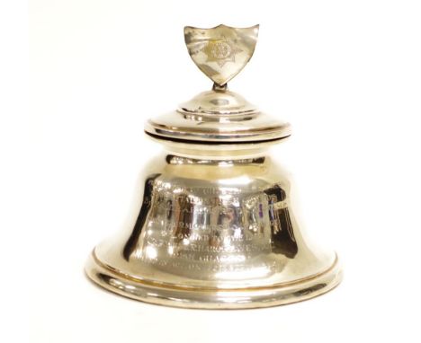 WW1 Capt L.R. Hargreaves, M.C silver Inkwell , presentation bell form inkwell with mounted cap badge engraved to body "Presen