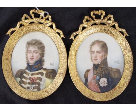 Good pair gilt framed portrait miniatures each a Portrait of an Army Officer, signed DAVID, and dated 1810, centre right, in 