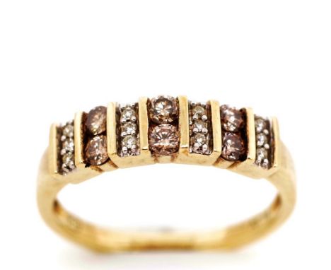 Cognac and white diamond set 9ct yellow gold ring marked AC 375. With approx 6x cognac round brilliant diamonds and 12x white