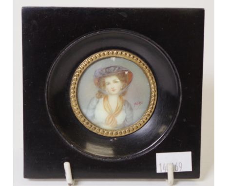Vintage framed portrait miniature portrait of Woman in Red Hat, signed illegible middle right, in ebonised frame with inset b