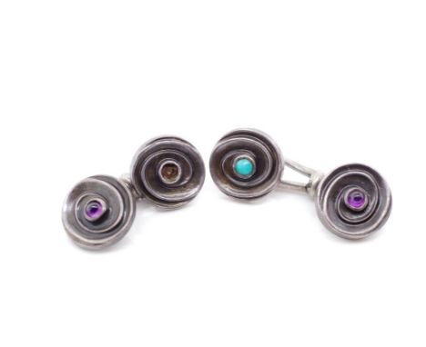 Early 20th C. Silver cufflinks set with amethyst and turquoise cabochons * 1x missing. Marked 900