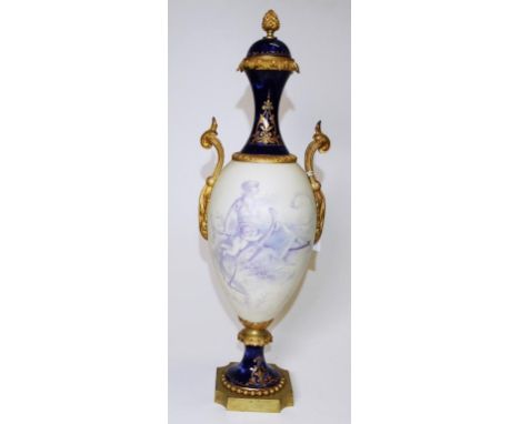 Sevres style ornamental lidded vase hand painted classical scenes to front and back, ormolu handles and finial to lid, cobalt