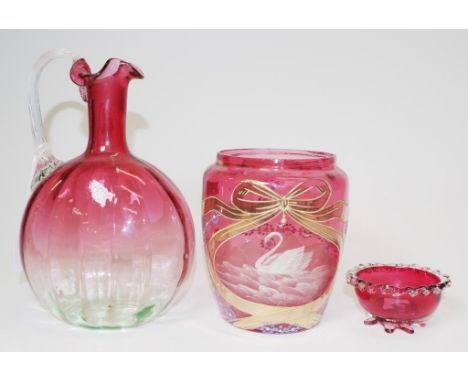 Three vintage ruby glass pieces including hand painted swan decorated vase, (height 13cm approx); a cranberry glass flask wit