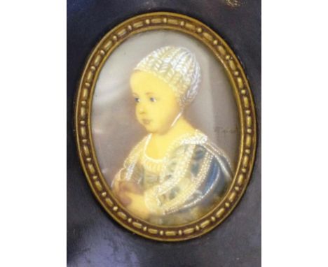 Antique framed portrait of a child miniature signed centre right, height 11cm X width 9.5cm approx