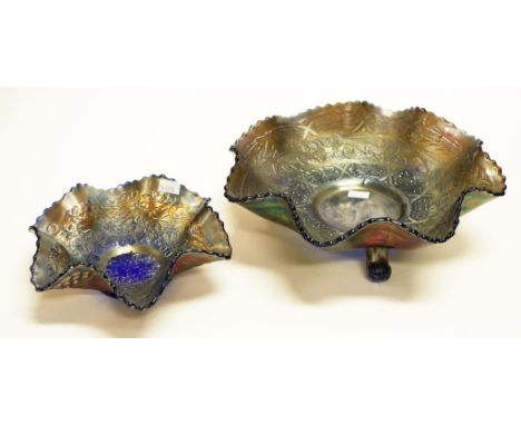 Two Fenton amethyst carnival glass bowls the larger 'Little fishes' pattern, 26cm diameter approx., and the other 'Leaf Chain