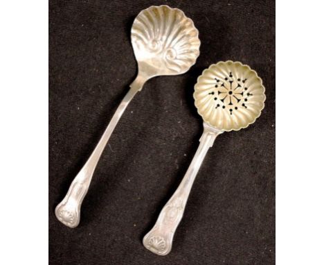 Two various sterling silver "kings pattern"spoons one sifting spoon hallmarked London 1827, maker: Morris &amp; Michael Emanu