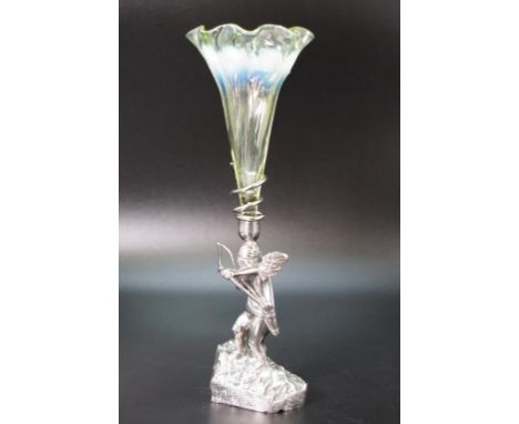 Vintage Cupid form silver plate epergne figure of Cupid with bow and arrow, with vaseline glass trumpet (height 21cm approx).