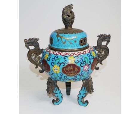 Chinese decorated cloisonne censer blossom decorated cloisonne, double dragon head handles, decorative finial to lid, quad-fo