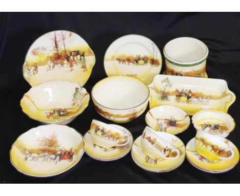Eighteen pieces Royal Doulton 'Coaching Days' including 3 coffee cups and 6 saucers, side plate, jam dish, butter dish, cake 